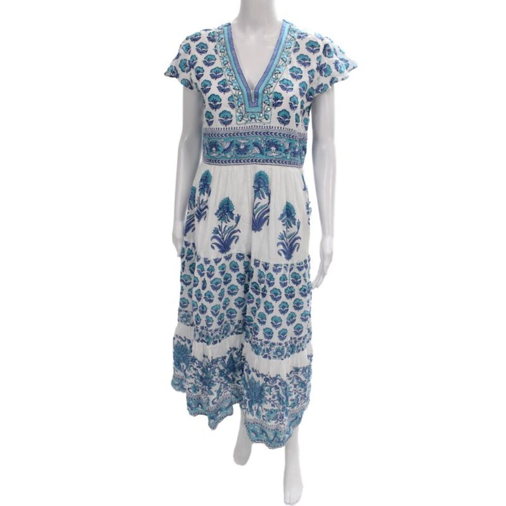 Bella Tu Womens Bohemian Floral Maxi Dress Blue V-Neck Short Sleeve Size M